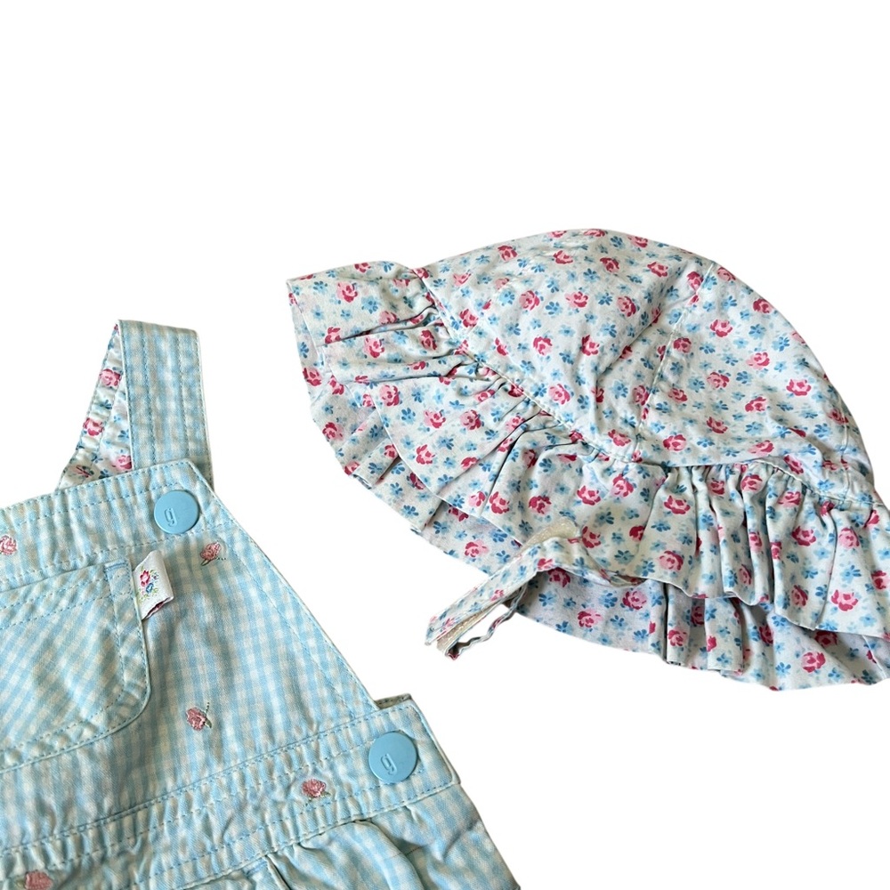 Gymboree Aqua Gingham Pink Floral overalls with Matching Sun Hat Size 6-9mths - Picture 6 of 6